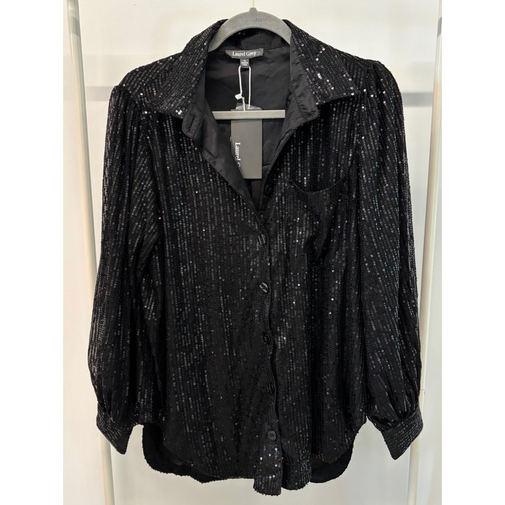 Laurel Grey Black Sequin Button Down Shirt Long Sleeve Blouse Womens Size Medium